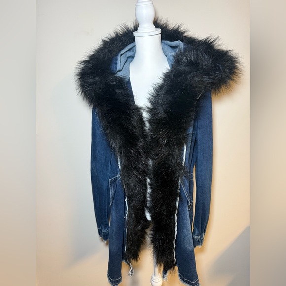 Denim Parka Jacket with Removable Faux Fur Trim Hood - Picture 4 of 6